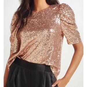 Women's Allison Joy Adele Sequin Gold Holiday Party Lined Tee Top Size Small